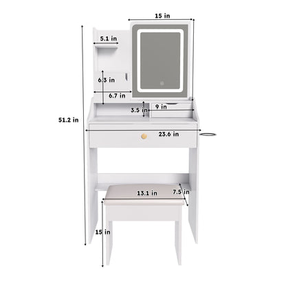 LED Vanity Mirror With Stool, 2 Drawers & 5 Storage Cabinets, Adjustable Lighting Mdf Dressing Table For Bedroom - White Home Essentials