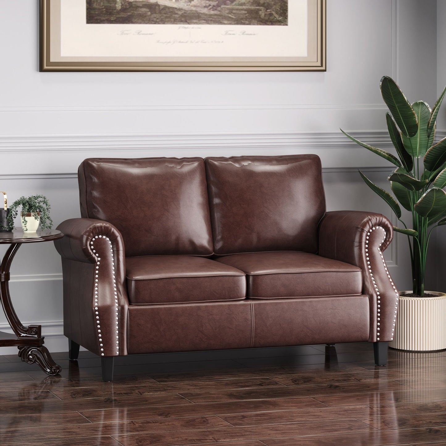 Contemporary Loveseat With Nailhead Trim - Dark Brown Noble House