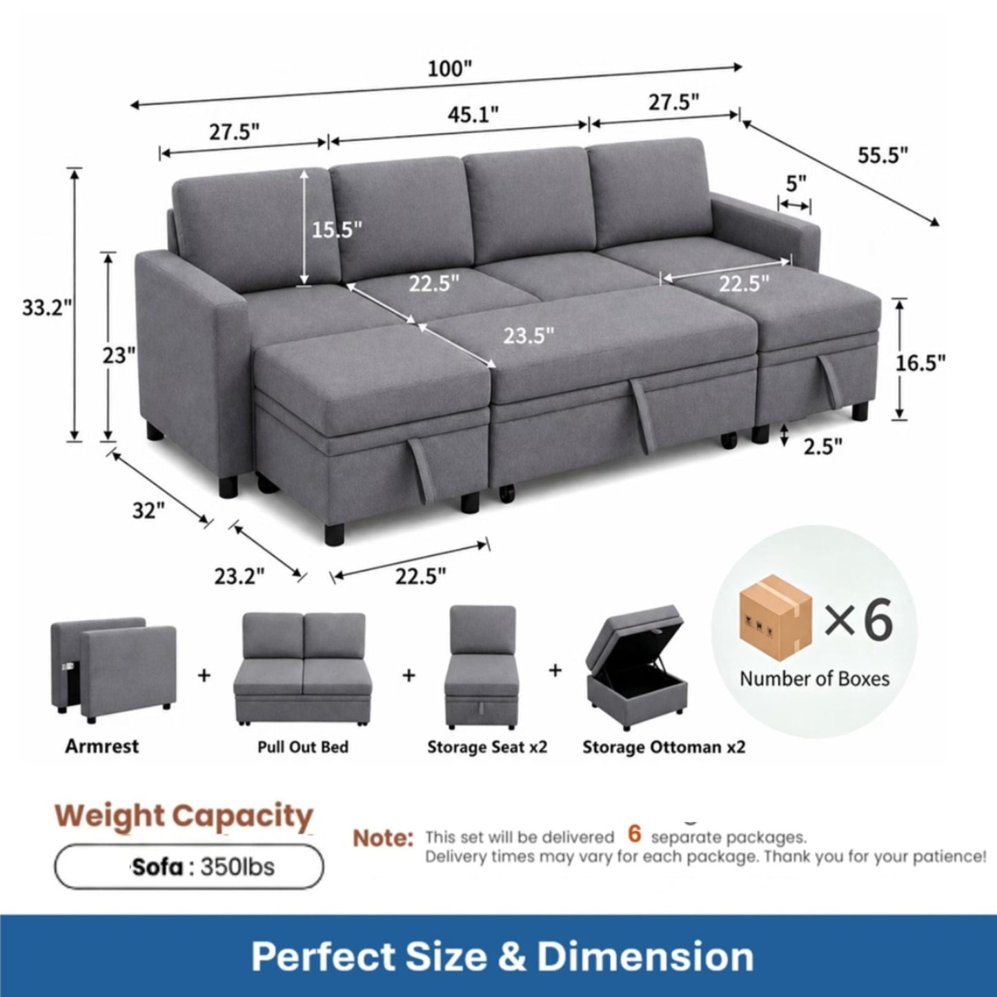Extra Wide U - Shape Convertible Sleeper Sofa Bed With Dual Storage Ottoman Home Essentials