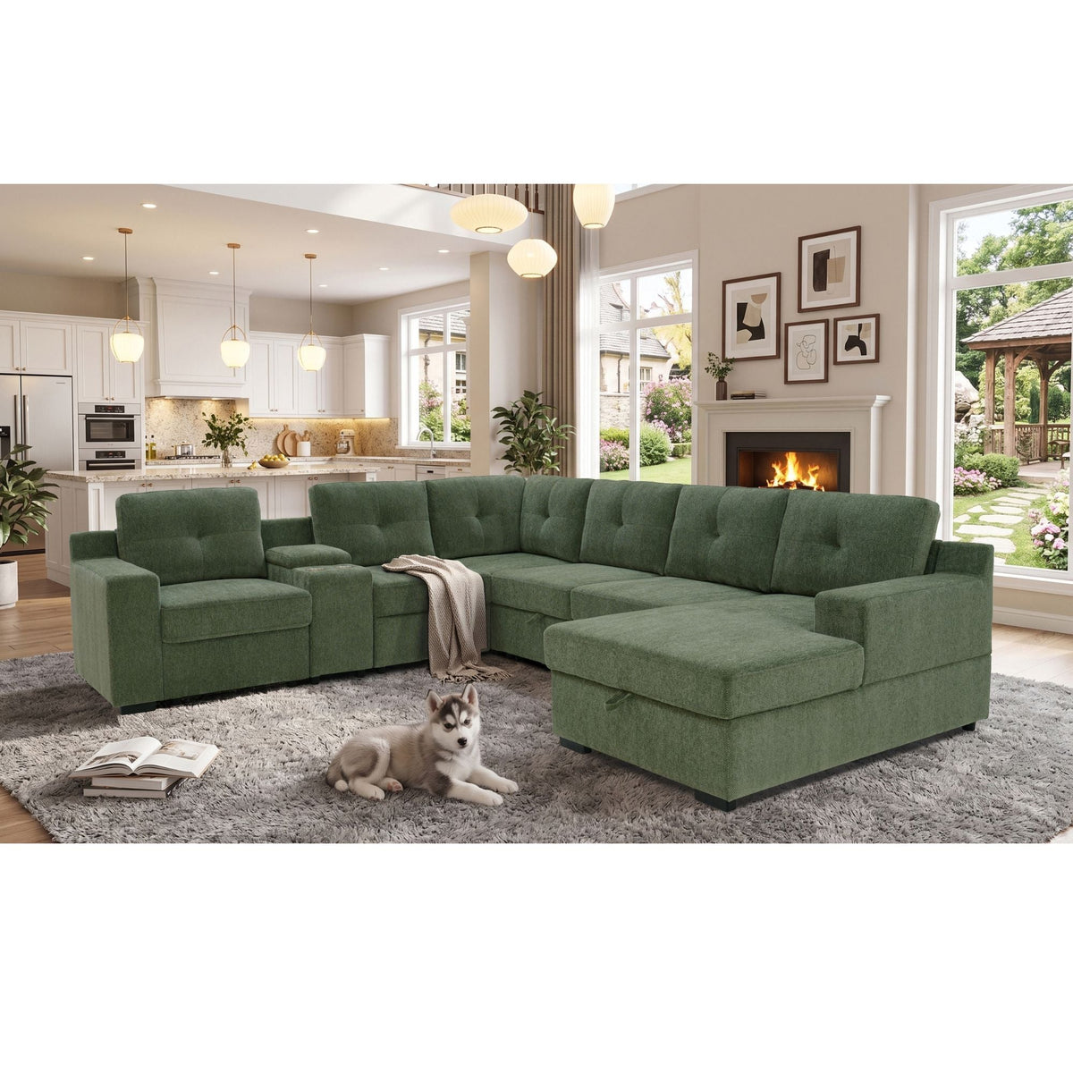 U - Shape Sectional Pull Out Bed With Console, Storage, And USB Charging Home Essentials