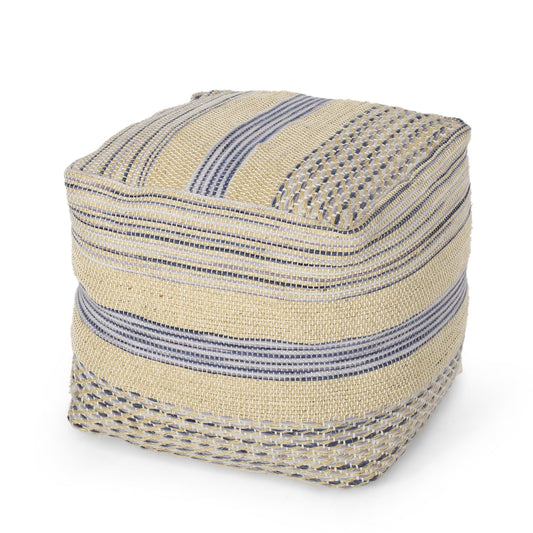 Western - Handcrafted Fabric Pouf, Durable - Natural / Blue Home Essentials