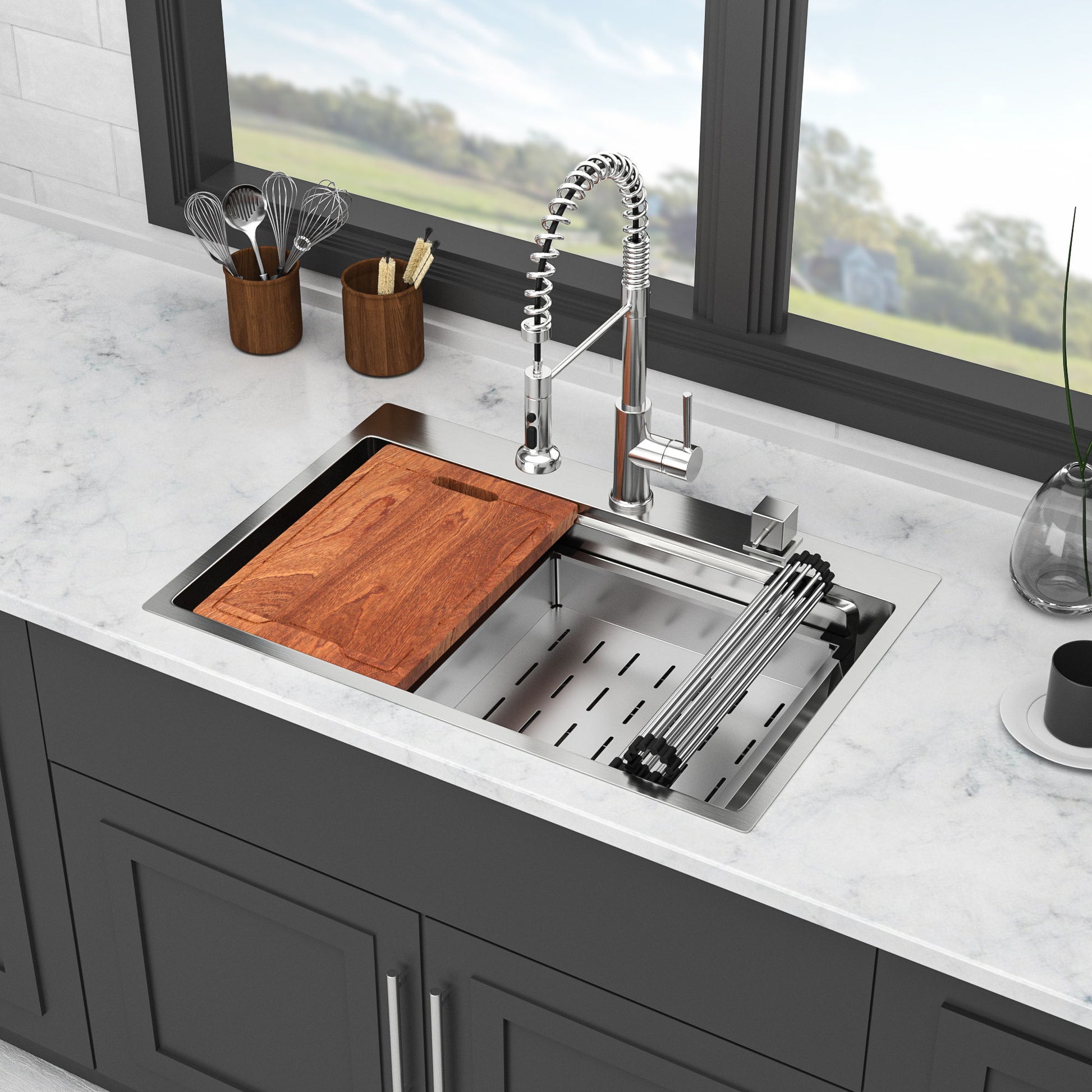33" Drop In Kitchen Sink Single Bowl 16 Gauge Stainless Steel Ledge Workstation - Black Daily Nest