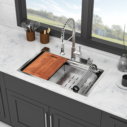 33" Drop In Kitchen Sink Single Bowl 16 Gauge Stainless Steel Ledge Workstation - Black Daily Nest
