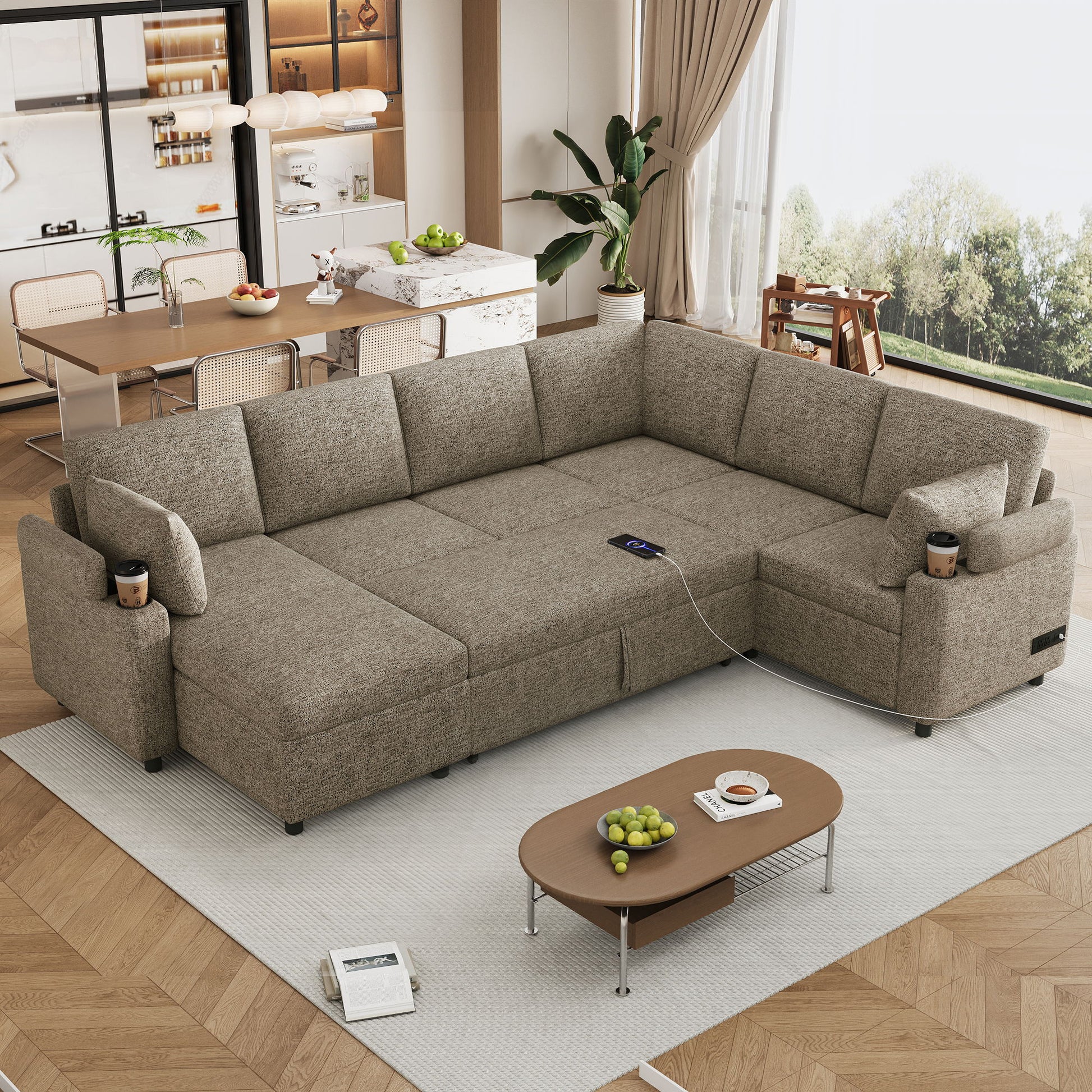 U-Shaped Sectional Sofa Bed With Storage, Charging Ports, And Cup Holders - Brown Hearth and Haven