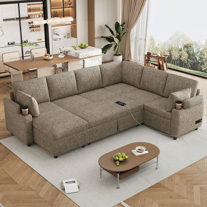 U-Shaped Sectional Sofa Bed With Storage, Charging Ports, And Cup Holders - Brown Hearth and Haven