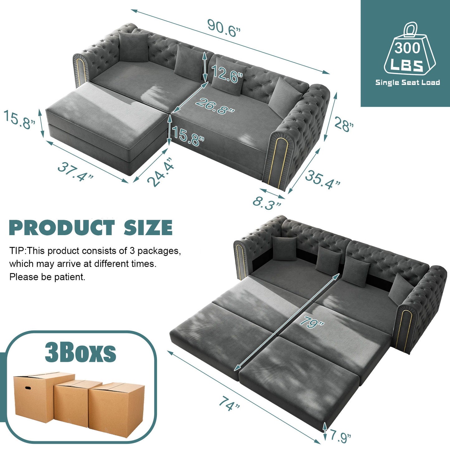 3-In-1 Convertible Sleeper Sofa With Movable Ottoman For Living Room Home Essentials