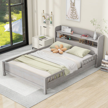 Wood Platform Bed With Built In LED Light, Storage Headboard And Guardrail Hearth and Haven