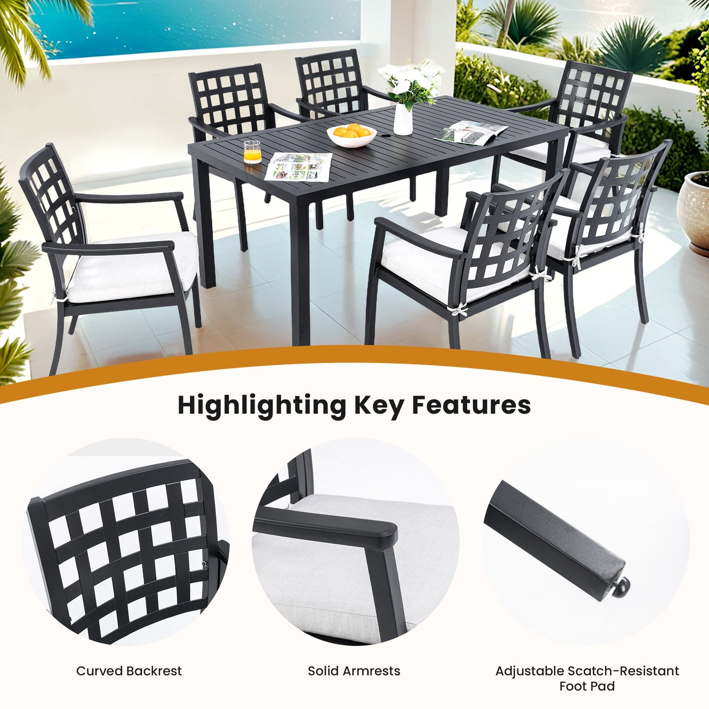Modern Classic Outdoor Patio Dining Set, Rectangular Table & Dining Chairs, Rust Free, Weather Resistant Life Outside