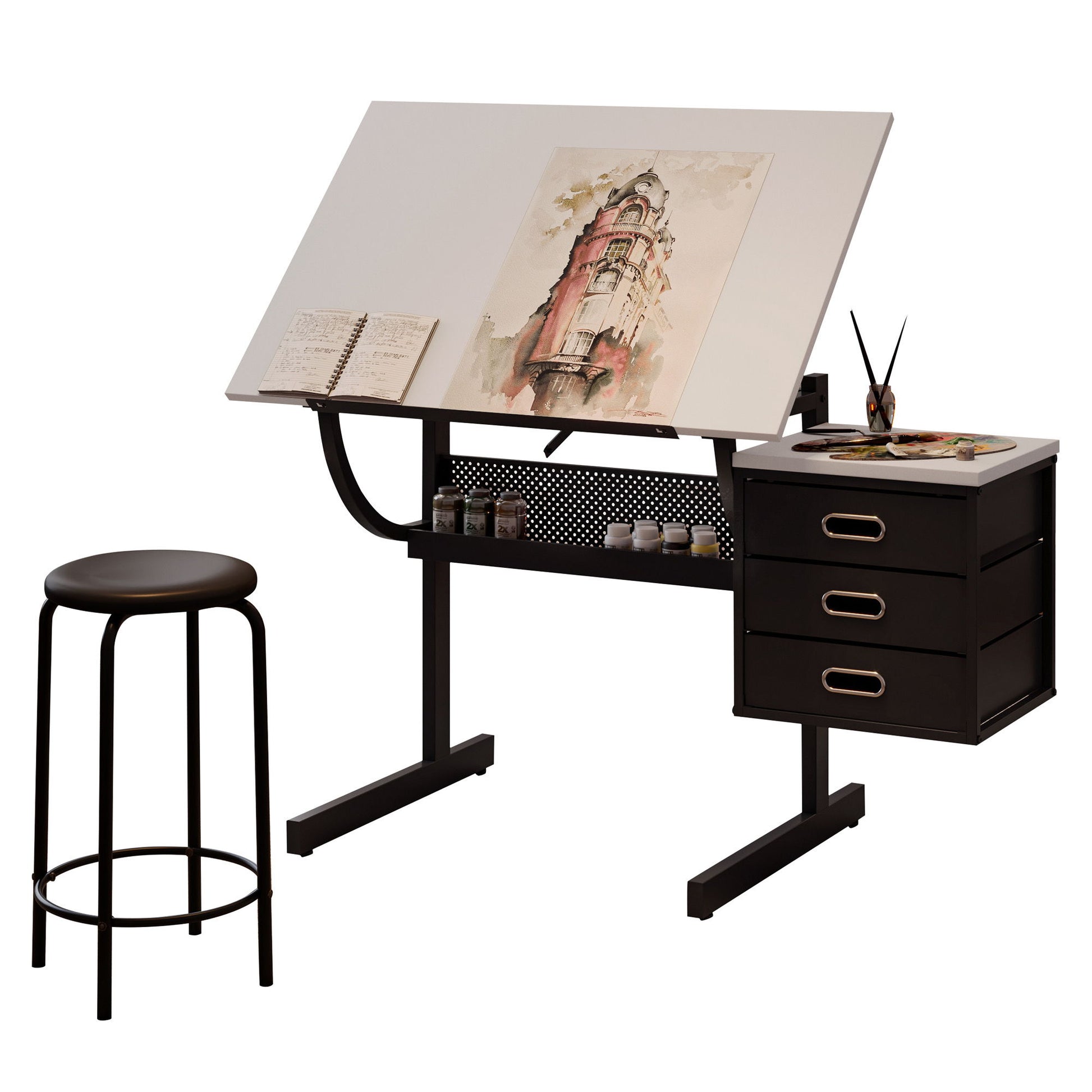 Adjustable Drafting Drawing Table With Stool And 3 Drawers - White / Black Home Essentials