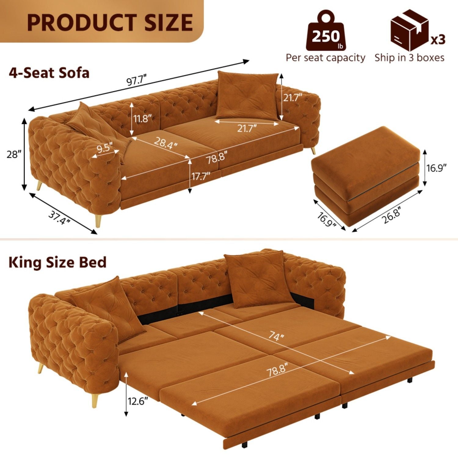 3 In 1 Convertible Sleeper, Deep Seat Pull Out Sofa Bed, Button Tufted Home Essentials