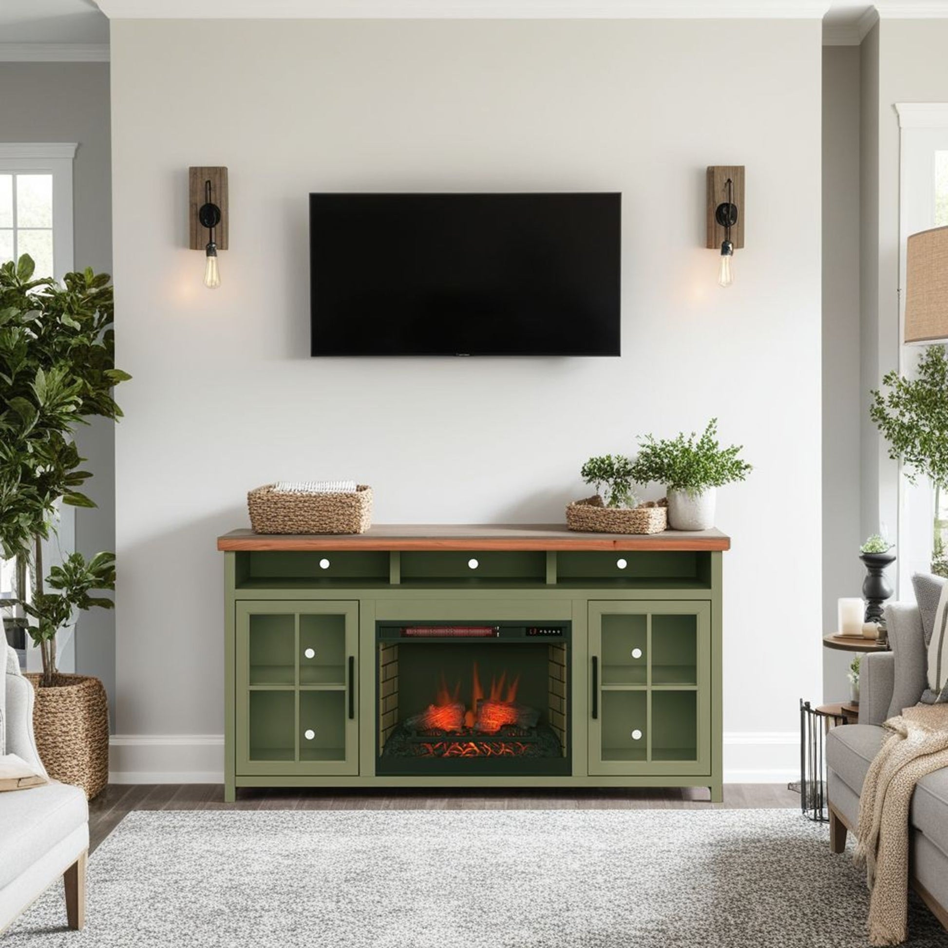 Vineyard - 74" Fireplace TV Stand Console For TVs Up To 85" - Sage Green And Fruitwood Legends