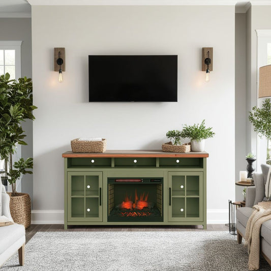 Vineyard - 74" Fireplace TV Stand Console For TVs Up To 85" - Sage Green And Fruitwood Legends