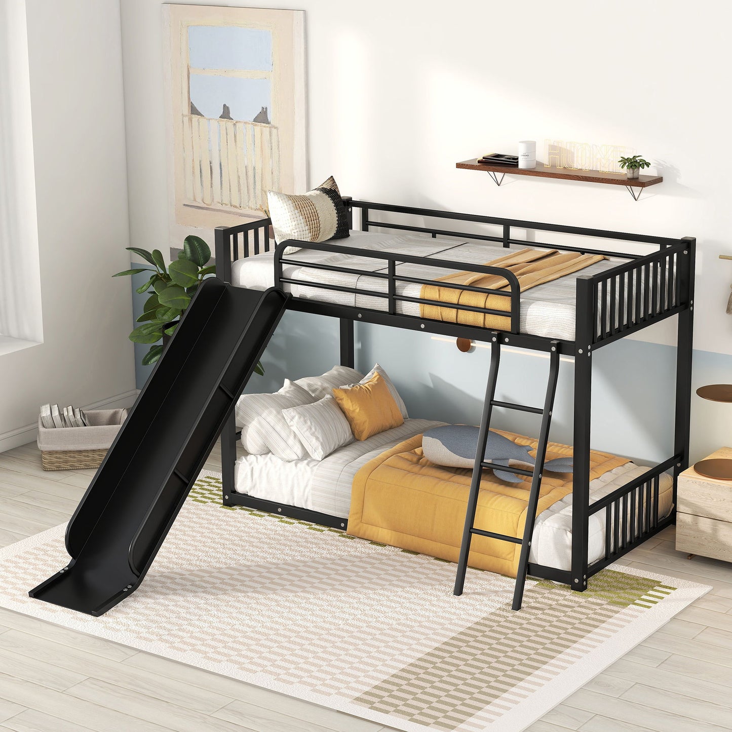 Metal Bunk Bed With Slide, Durable Steel Frame Hearth and Haven