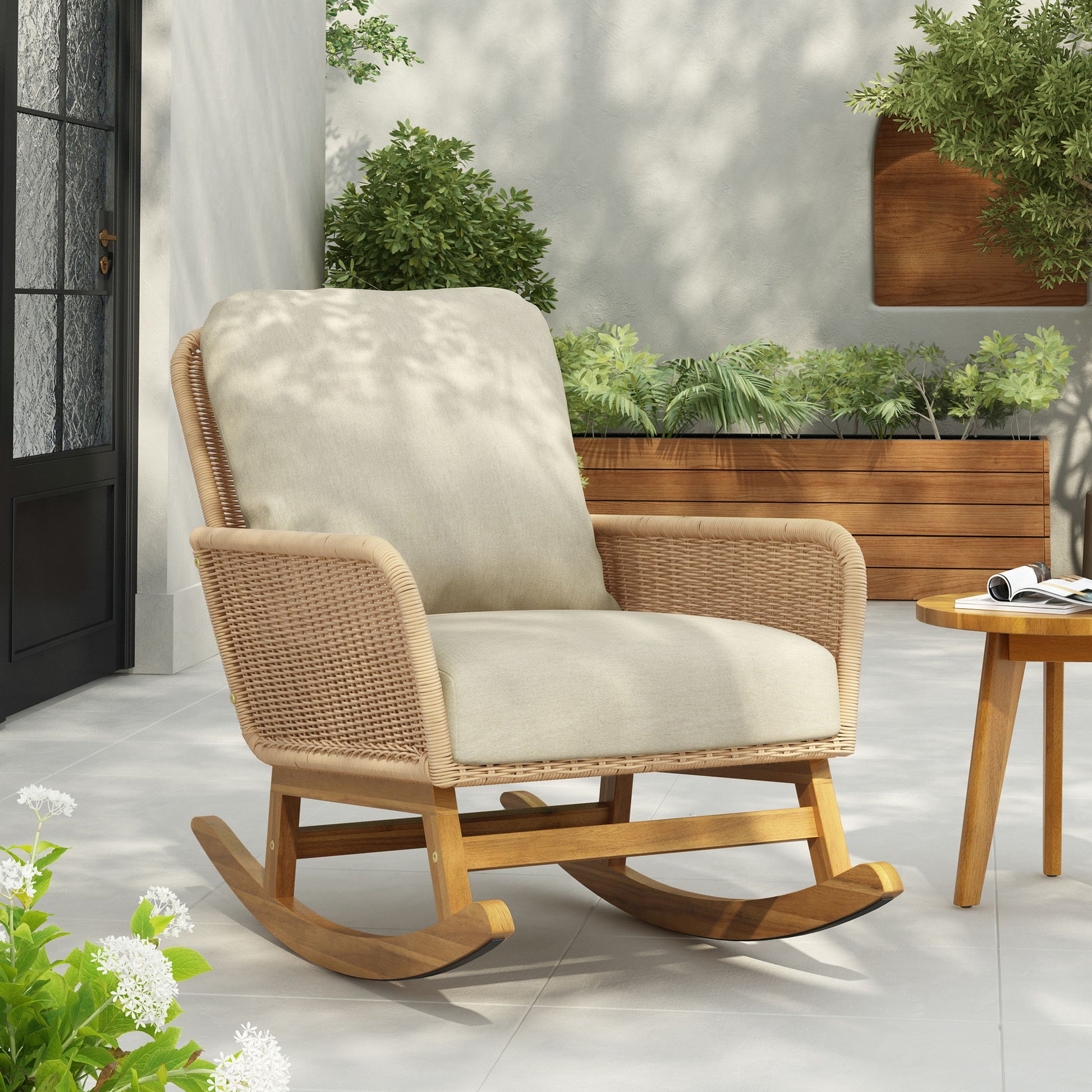 Contemporary Minimalist Wicker Rocking Chair With Soft Cushions Noble House