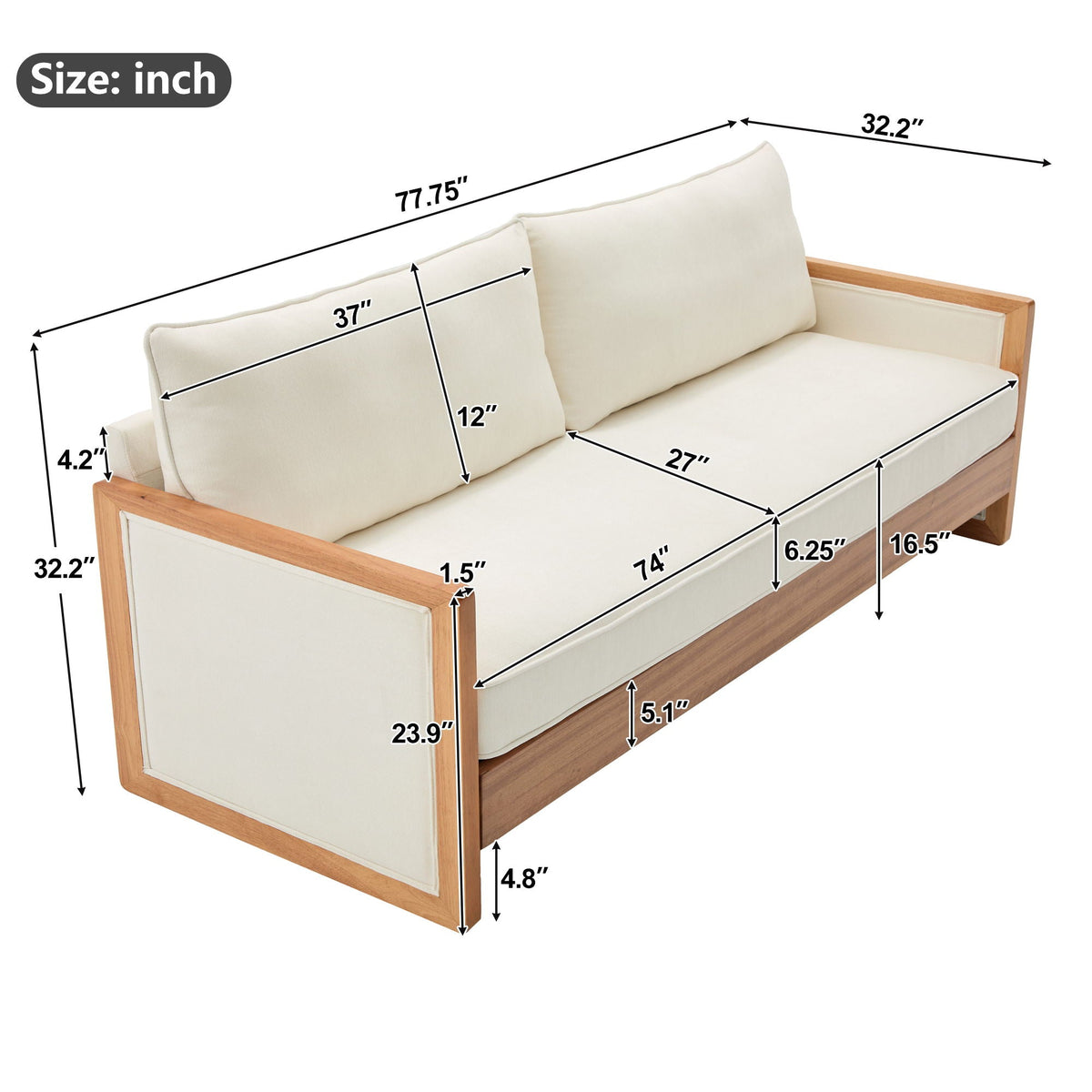 Modern 3 Seater Sofa With Armrests, Living Room Couch Noble House
