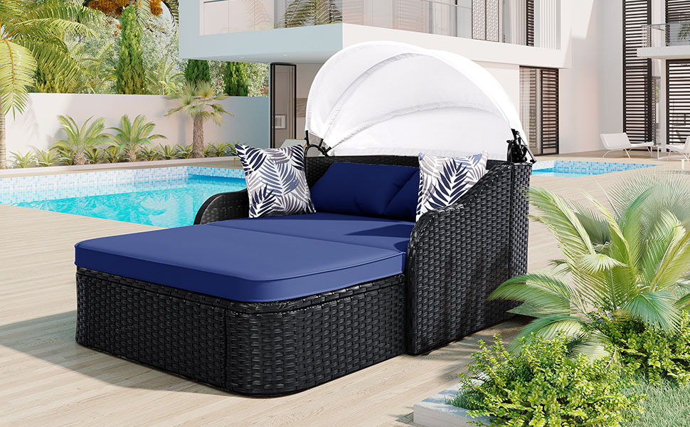 Outdoor Sunbed With Adjustable Canopy, Daybed With Pillows, Double Lounge, PE Rattan Daybed Hearth and Haven