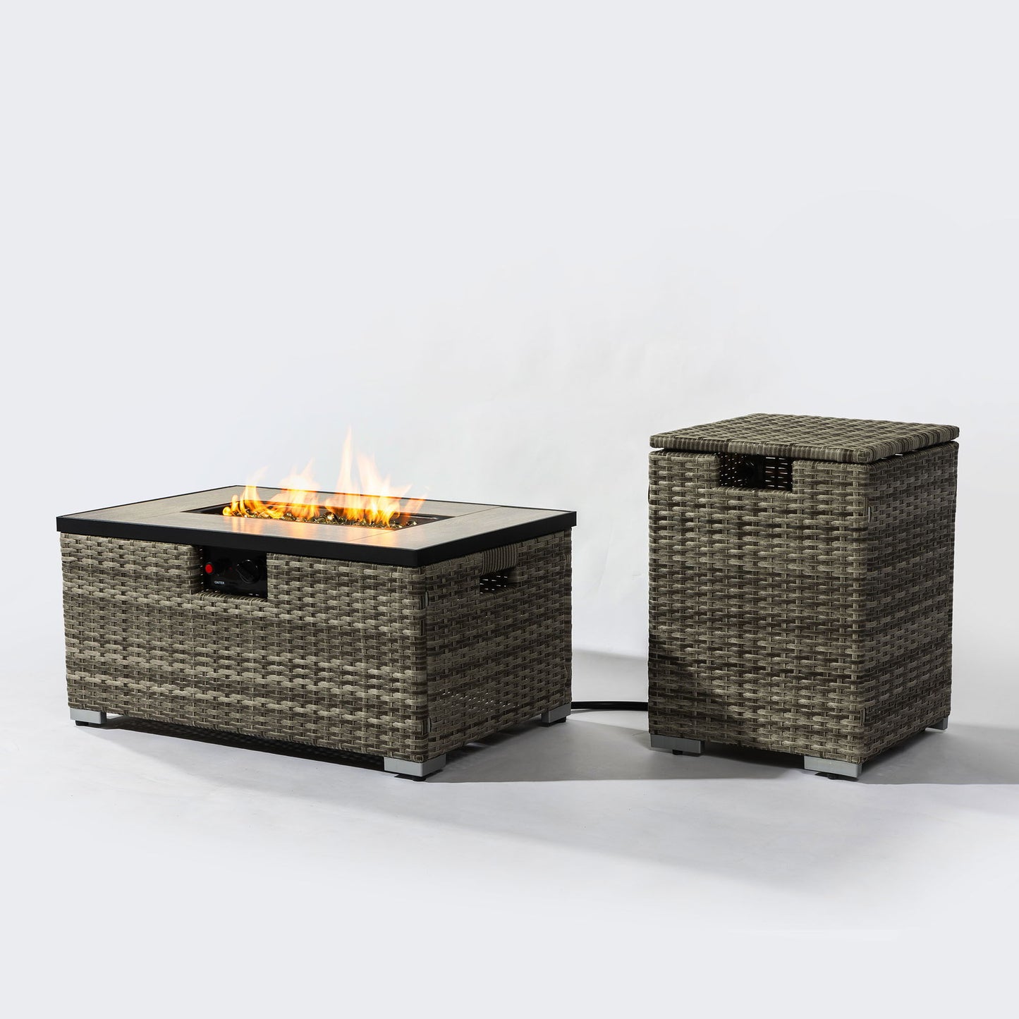 32" Propane Gas Fire Pit Table With Propane Tank Cover, 50000 Btu Rectangular Steel Fire Pit With Beautiful Wicker Base Home Essentials