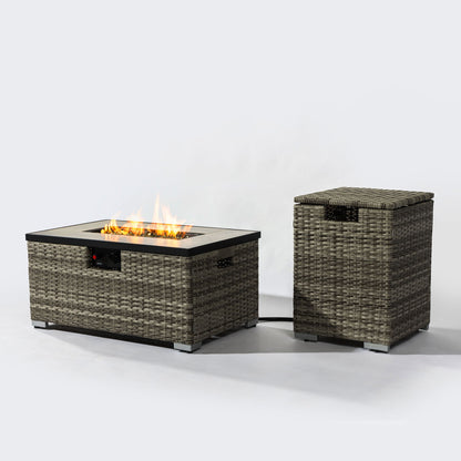 32" Propane Gas Fire Pit Table With Propane Tank Cover, 50000 Btu Rectangular Steel Fire Pit With Beautiful Wicker Base Home Essentials