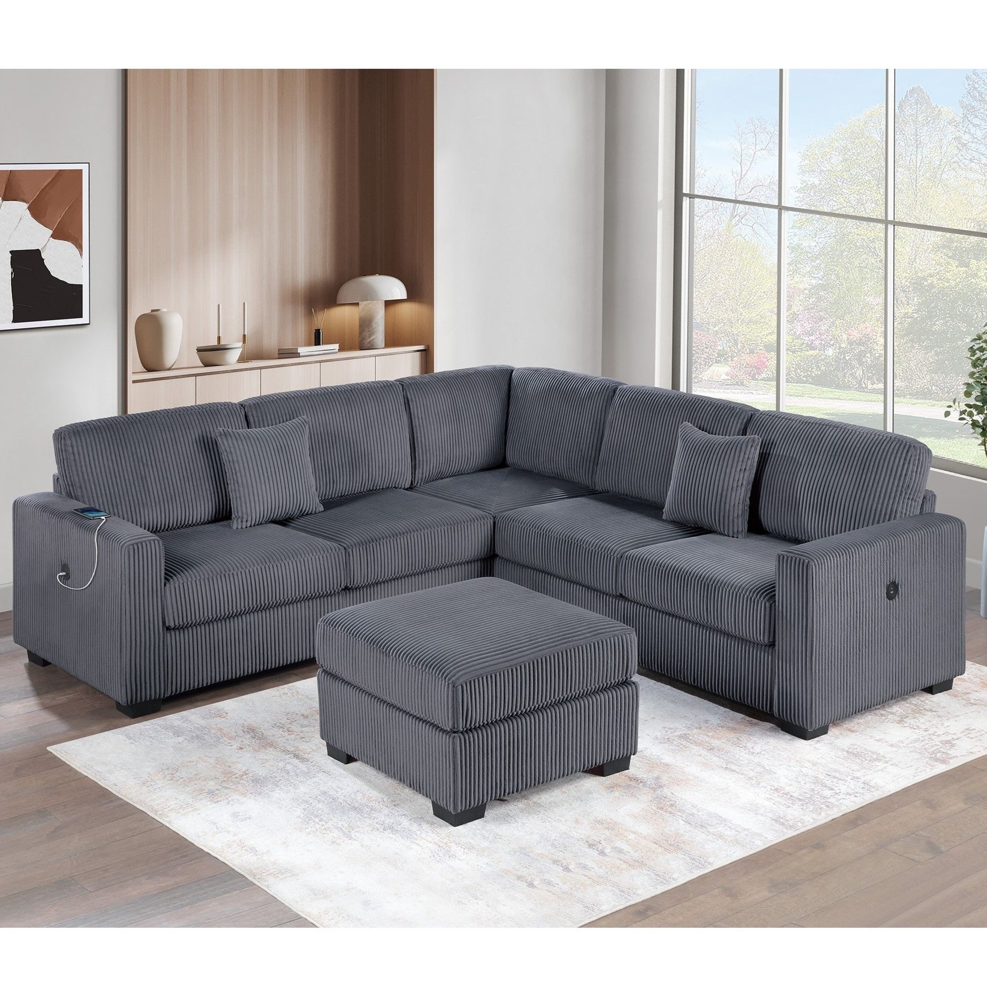 Upholstered L - Shaped 4 Piece Sectional Set With USB, Cocktail Ottoman Home Essentials