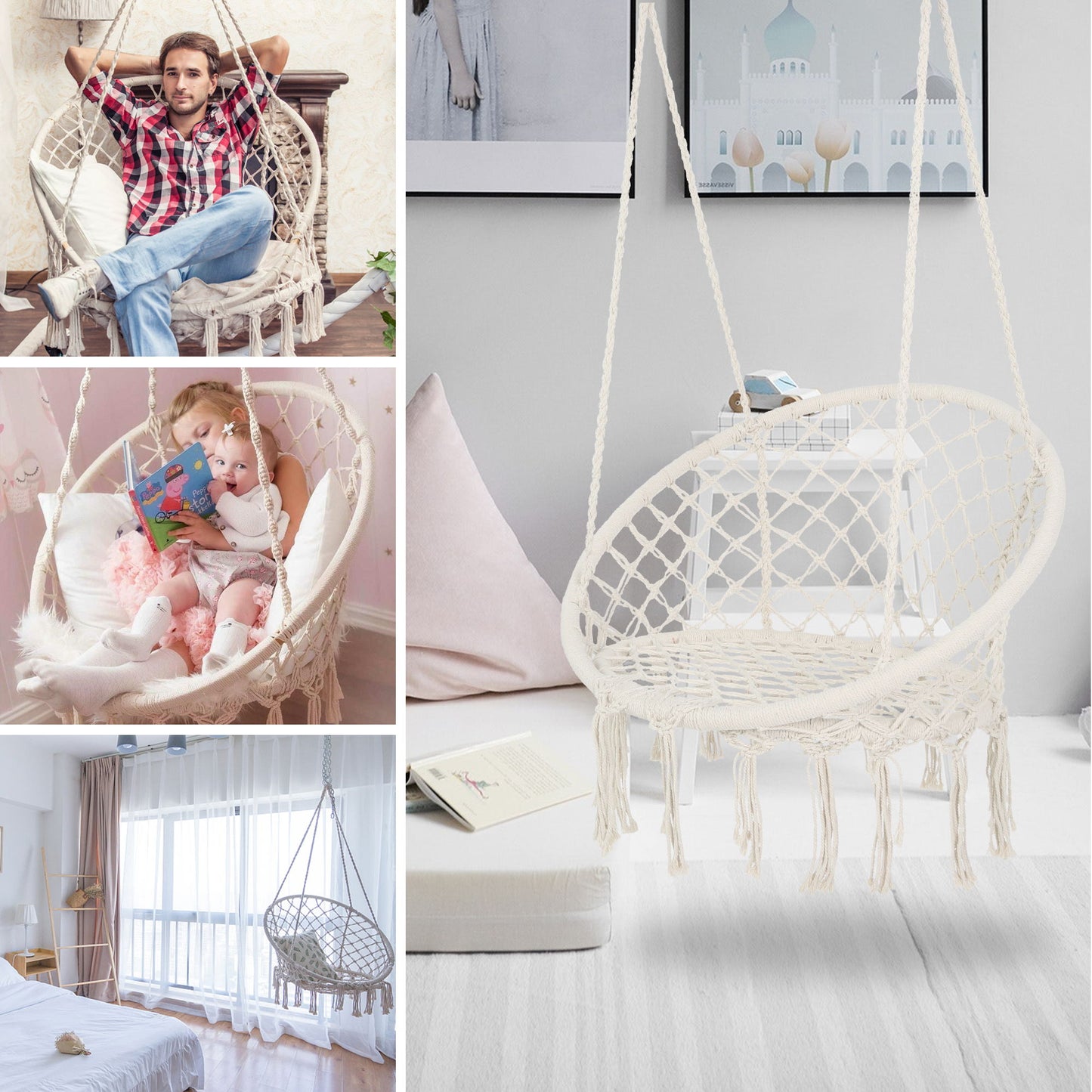 Macrame Hanging Hammock Chair, Cotton Rope Swing For Indoor And Outdoor Use Home Essentials