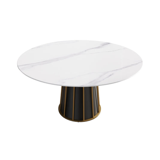 59.05" Modern Artificial Stone Round Panel Metal Iron Base Dining Table, Can Accommodate 8 People, (Not Including Chairs) - White / Black Home Essentials