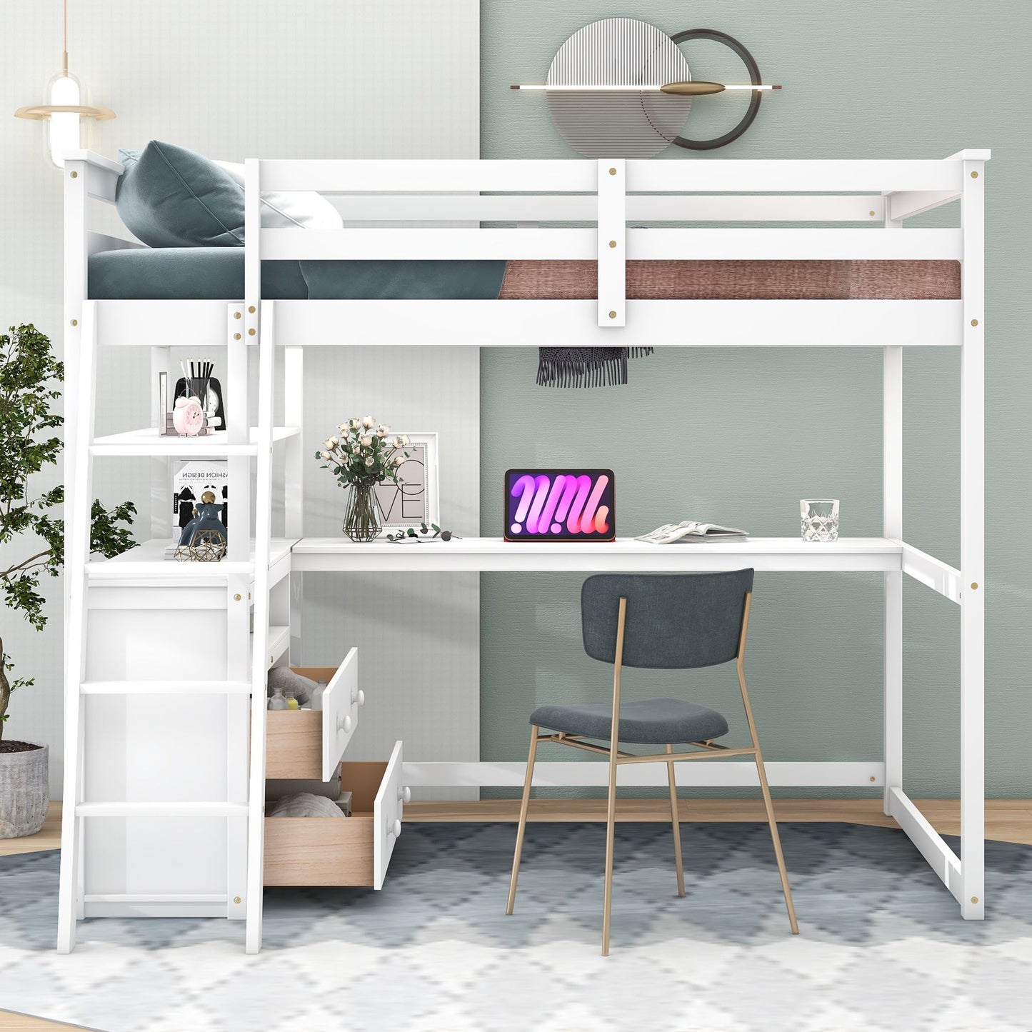 Modern Loft Bed With Built In Desk, Shelves, And 2 Drawers Hearth and Haven
