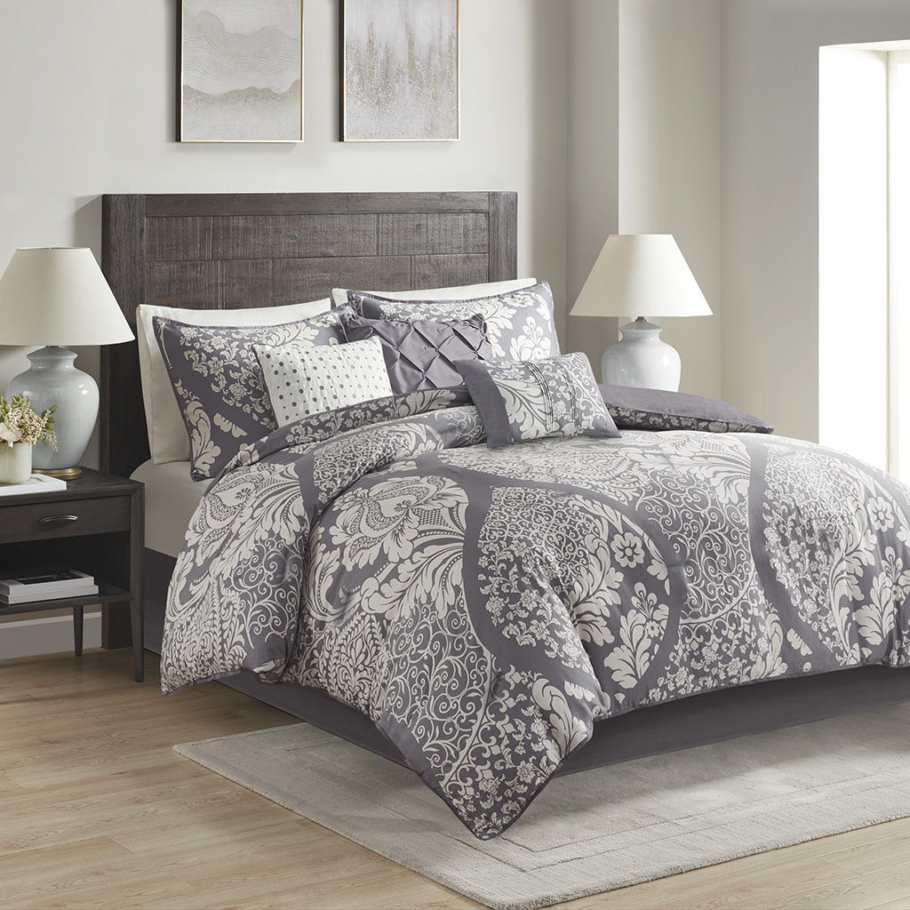 Vienna - Queen 7 Piece Printed Comforter Set - Gray