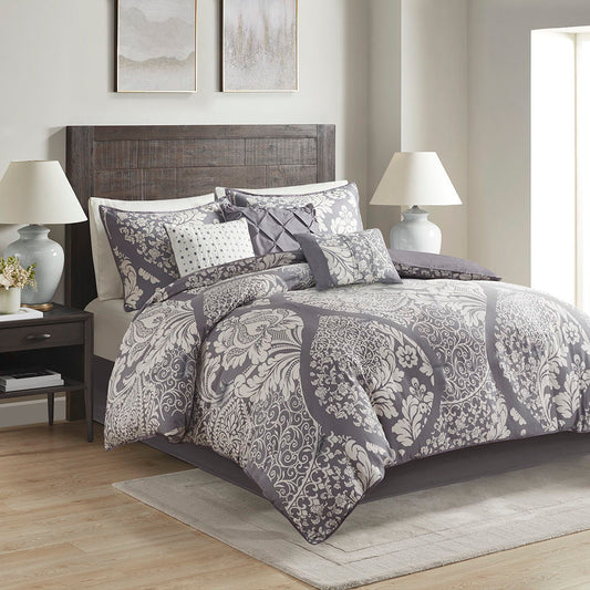 Vienna - California King 7 Piece Printed Comforter Set - Gray