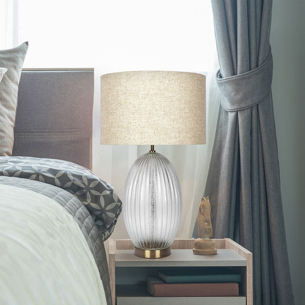 Aurora - Ribbed Lamp Base Clear Table Lamp Large Linen Shade - Beige / Clear / Gold Ashcroft Furniture