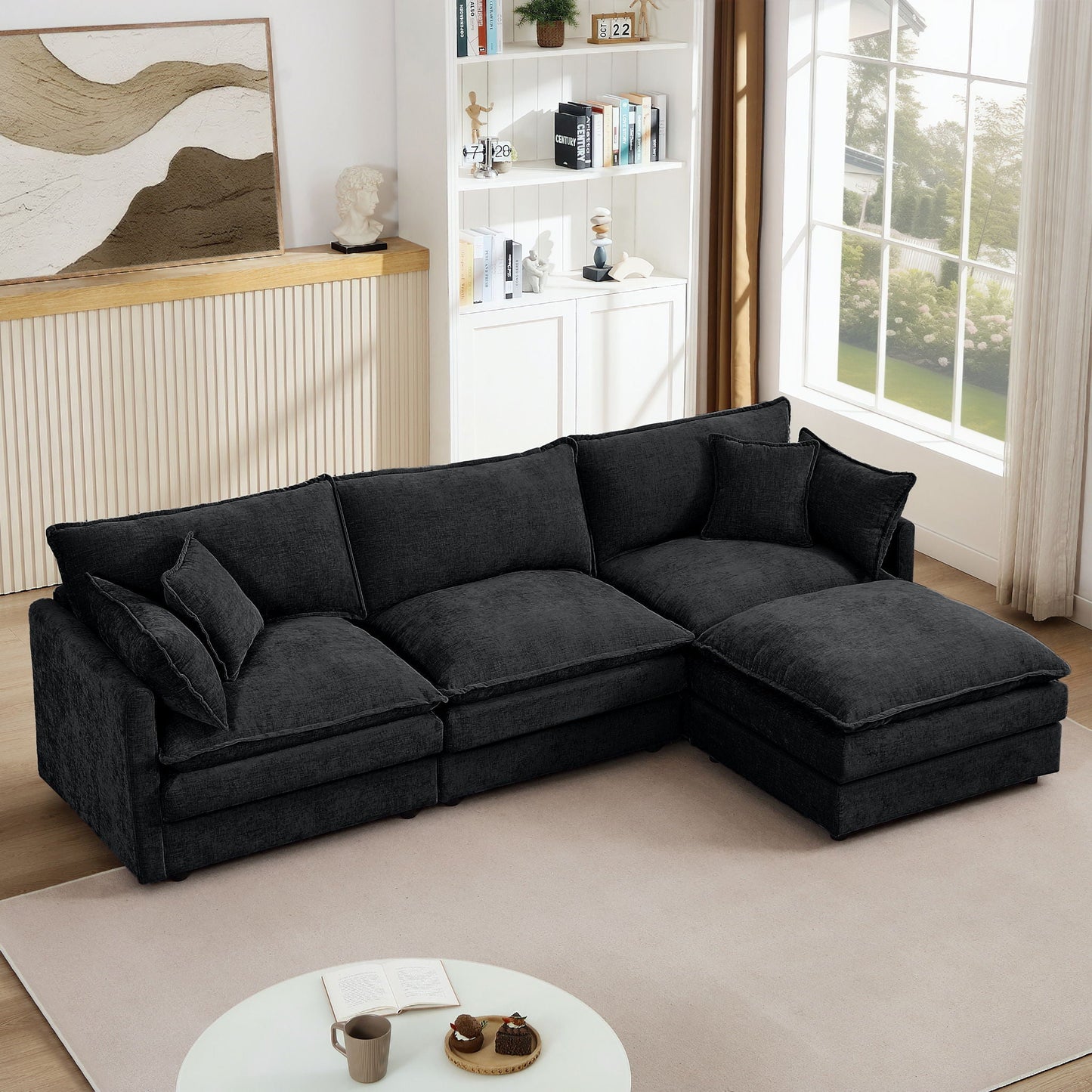 L Shaped Modular Sectional Sofa With Movable Ottoman, 3 Seater Comfortable Seating Home Essentials