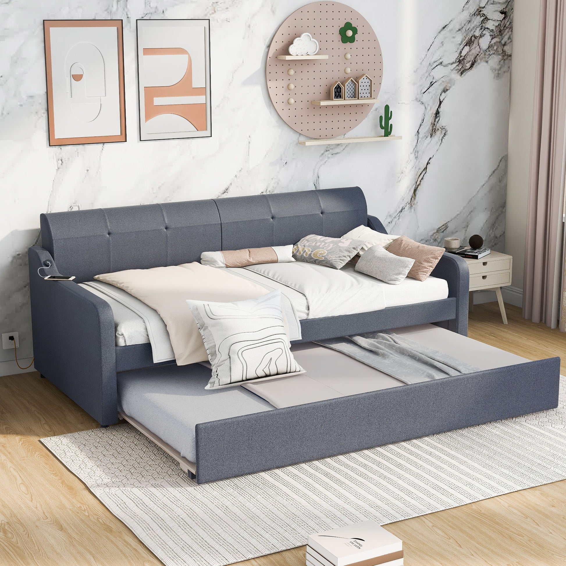 Upholstered Daybed With Trundle And USB Charging Hearth and Haven