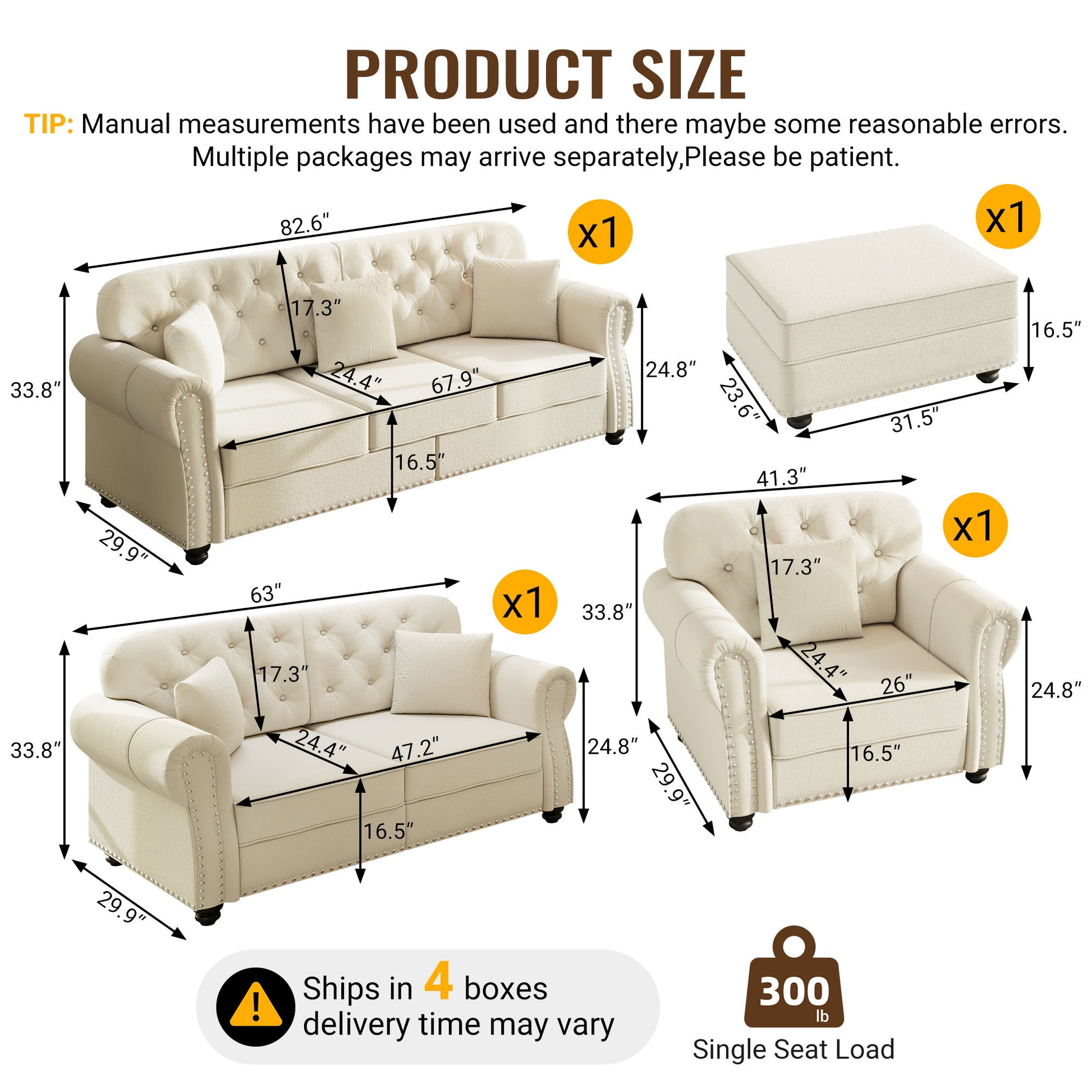 Upholstered Sofa Set With Nailhead Trim And Rolled Armrests, Includes Pillows Home Essentials