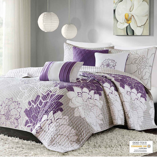 Lola - 6 Piece Reversible Printed Coverlet Set - Purple Madison Park