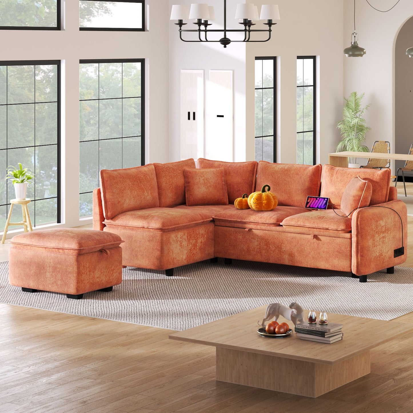 Convertible Sofa Bed Sectional Sofa Sleeper L-Shaped Sofa With A Storage Ottoman, Two Pillows, Two Power Sockets And Two USB Ports For Living Room Hearth and Haven