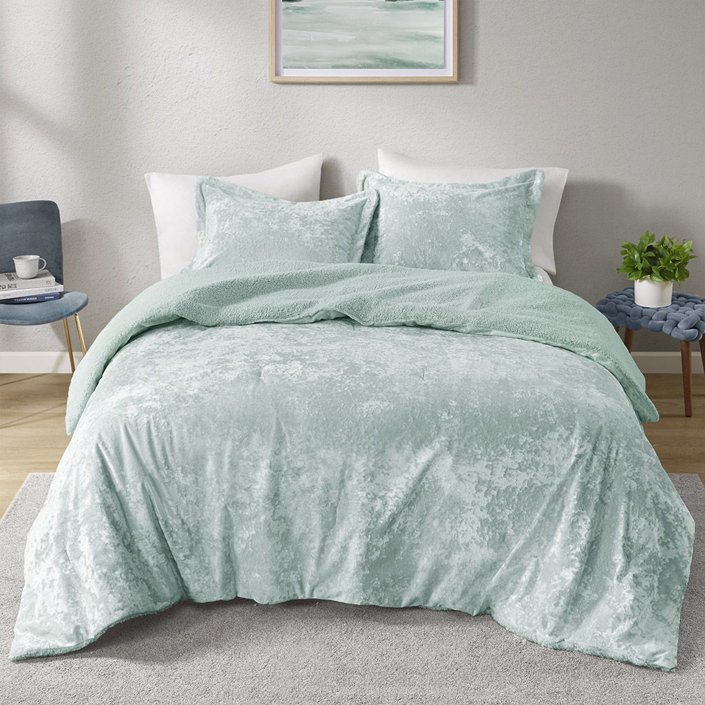 Mira - 3 Piece Full/Queen Crushed Velvet Sherpa Reversible Comforter Set - Aqua Intelligent Design