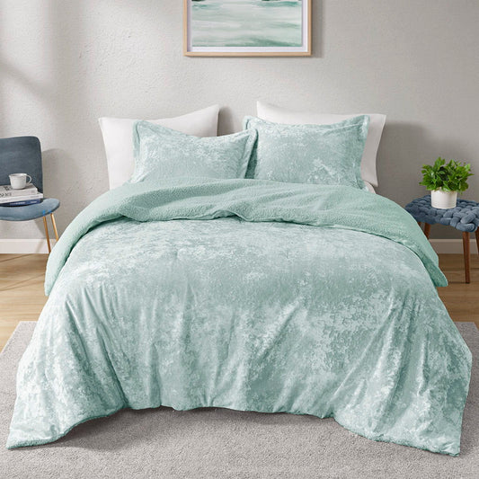 Mira - 3 Piece King/California King Crushed Velvet Sherpa Reversible Comforter Set - Aqua Intelligent Design
