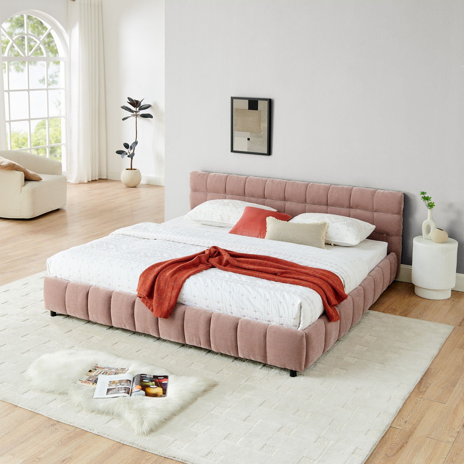 Modern Platform Bed Frame With Thick Chenille Fabric Home Essentials