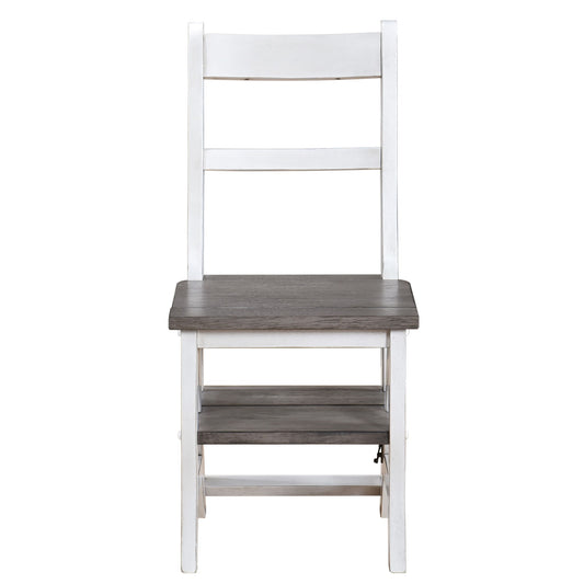 Solid Wood Foldable Ladderchair Dual Purpose Stepladders Step Display Stand Flower Stand Forhome, Library, Kitchen - Antique White / Sandstone