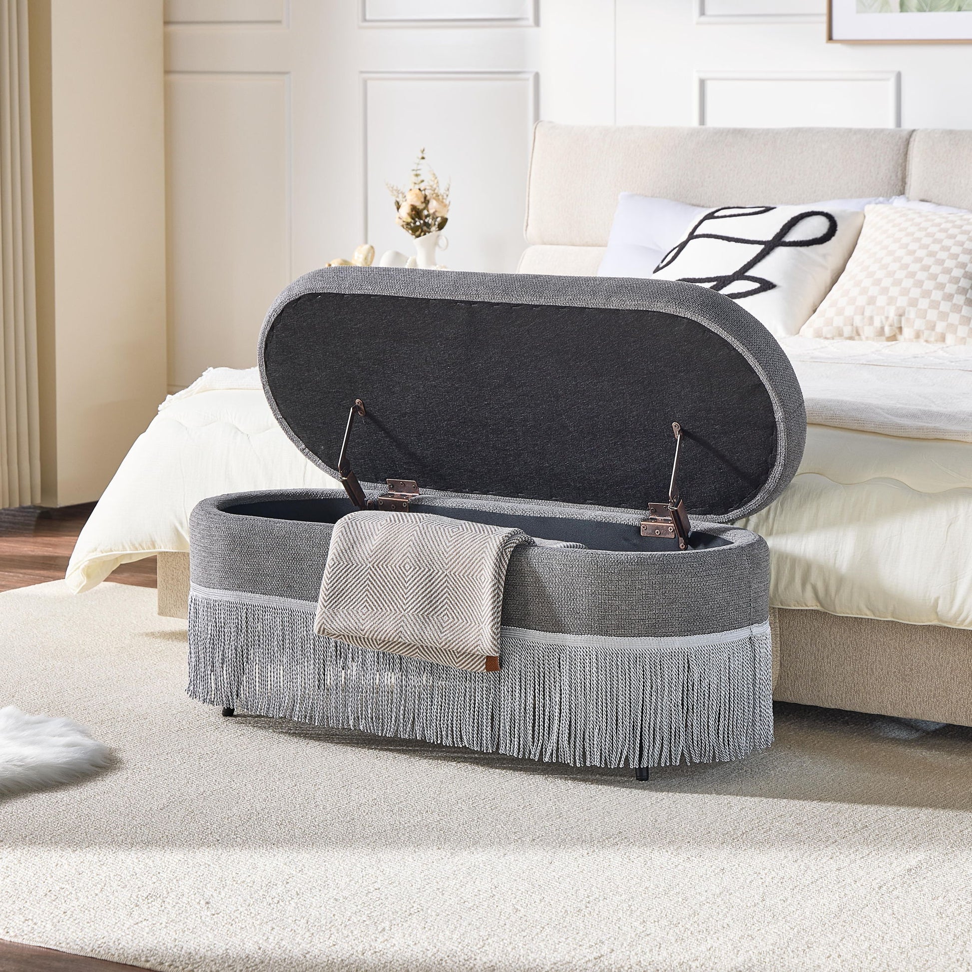 Oval Upholstered Storage Ottoman With Fringe Trim & Lift Top Lid Home Essentials