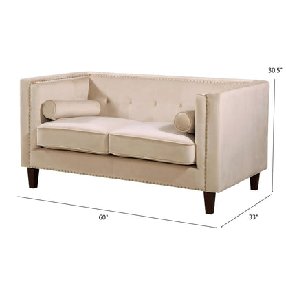 Button Tufted Square Arm Loveseat Sofa With Nailhead Trim, Upholstered 2 Seater Couch - Ivory US Pride
