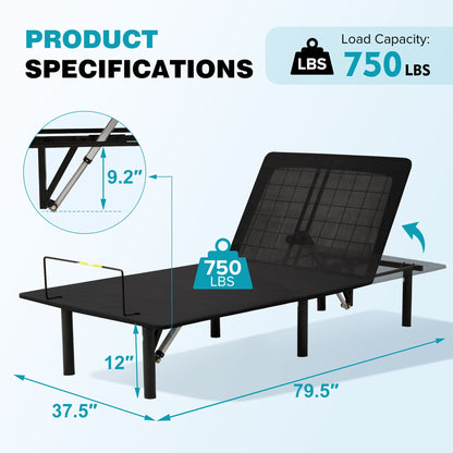 Adjustable Metal Bed Base With Head And Foot Incline, Anti Snore Feature, Wireless Control, Twin Long - Antique Black Home Essentials