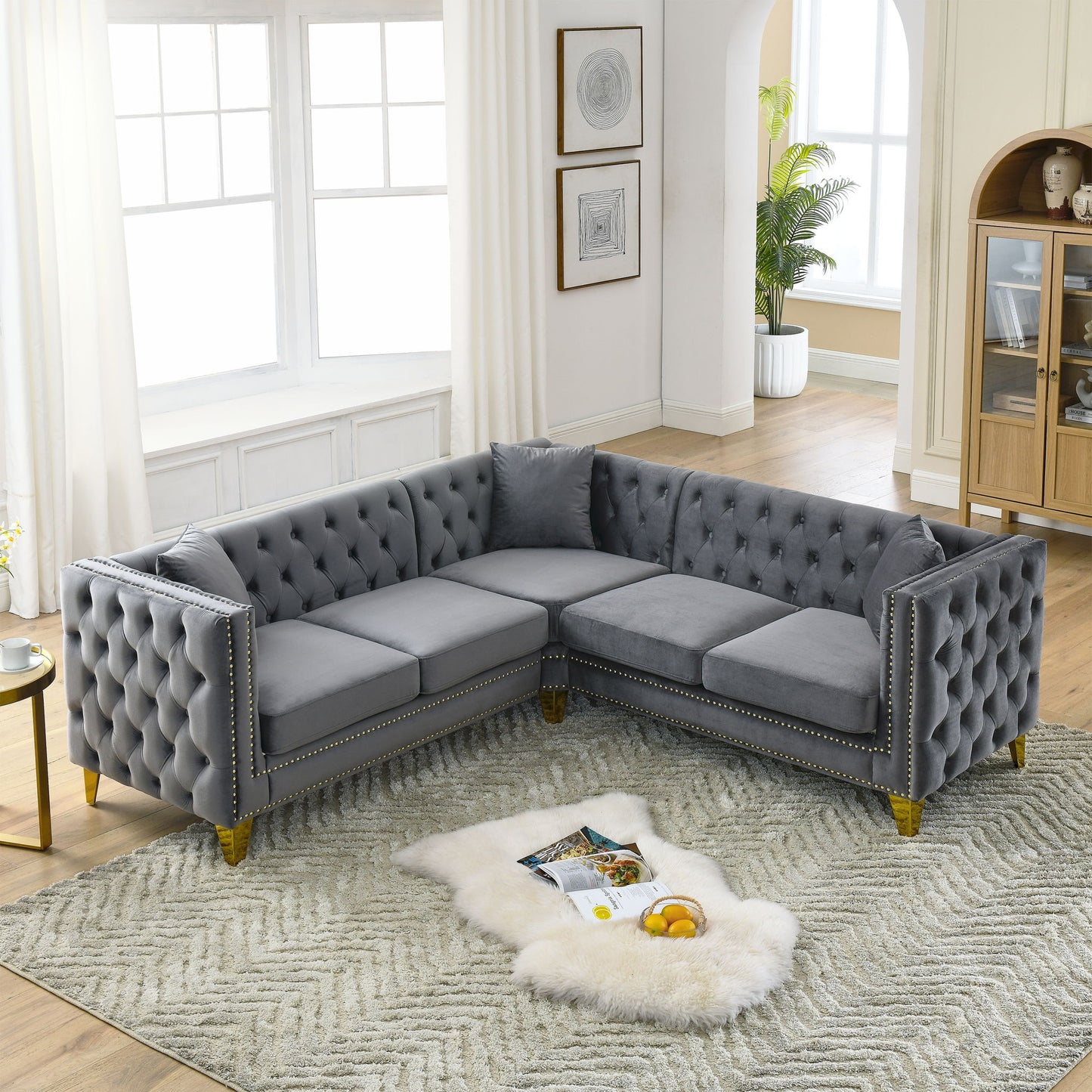 L-Shaped Corner Sofa, 5 Seater Sectional With Tufted Design Home Essentials