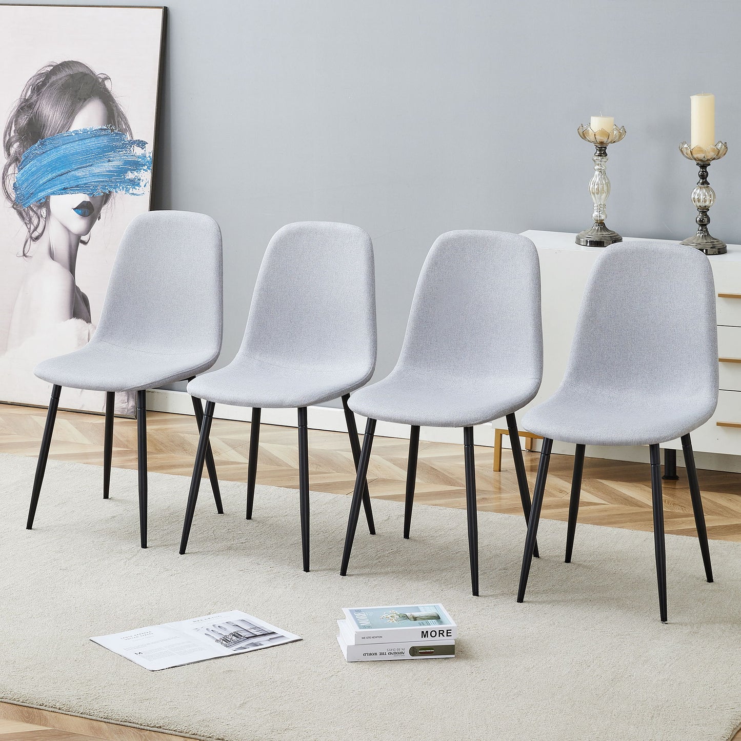 Modern Medieval Style Cushioned Side Chairs Set With Black Metal Legs For Kitchens Home Essentials