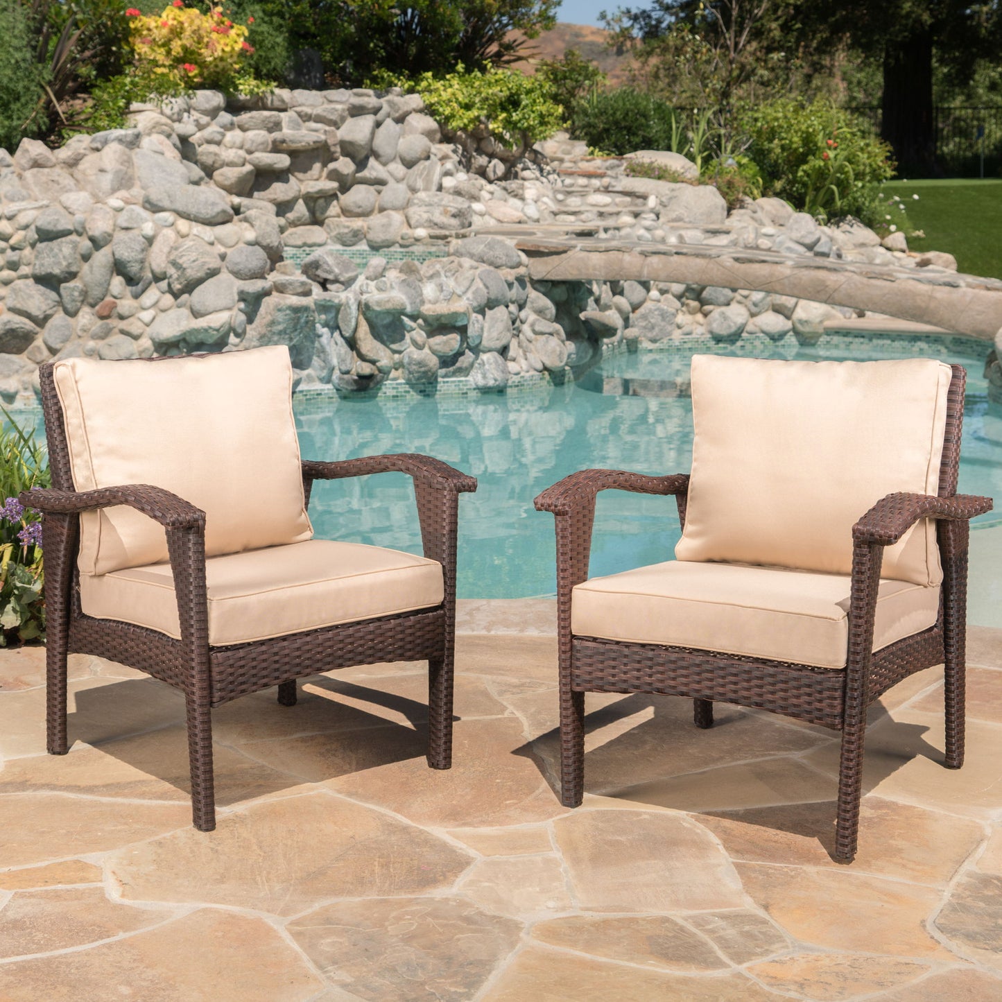 Honolulu - Club Chair (Set of 2) With Weather Resistant Wicker And Cushions - Brown / Tan Noble House