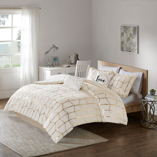 Raina - King Metallic Printed Comforter Set - Ivory / Gold