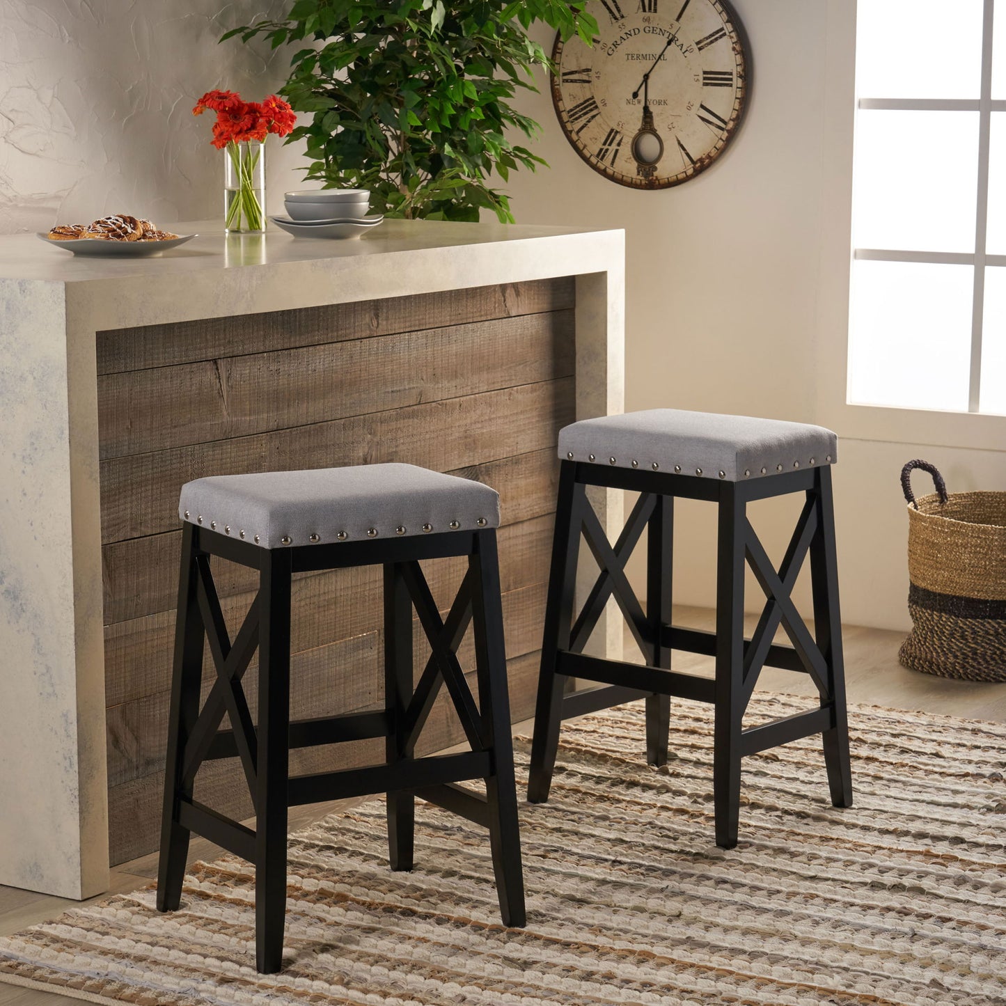 Greely Saddle Barstool Set With Fabric Upholstery - Light Gray Noble House