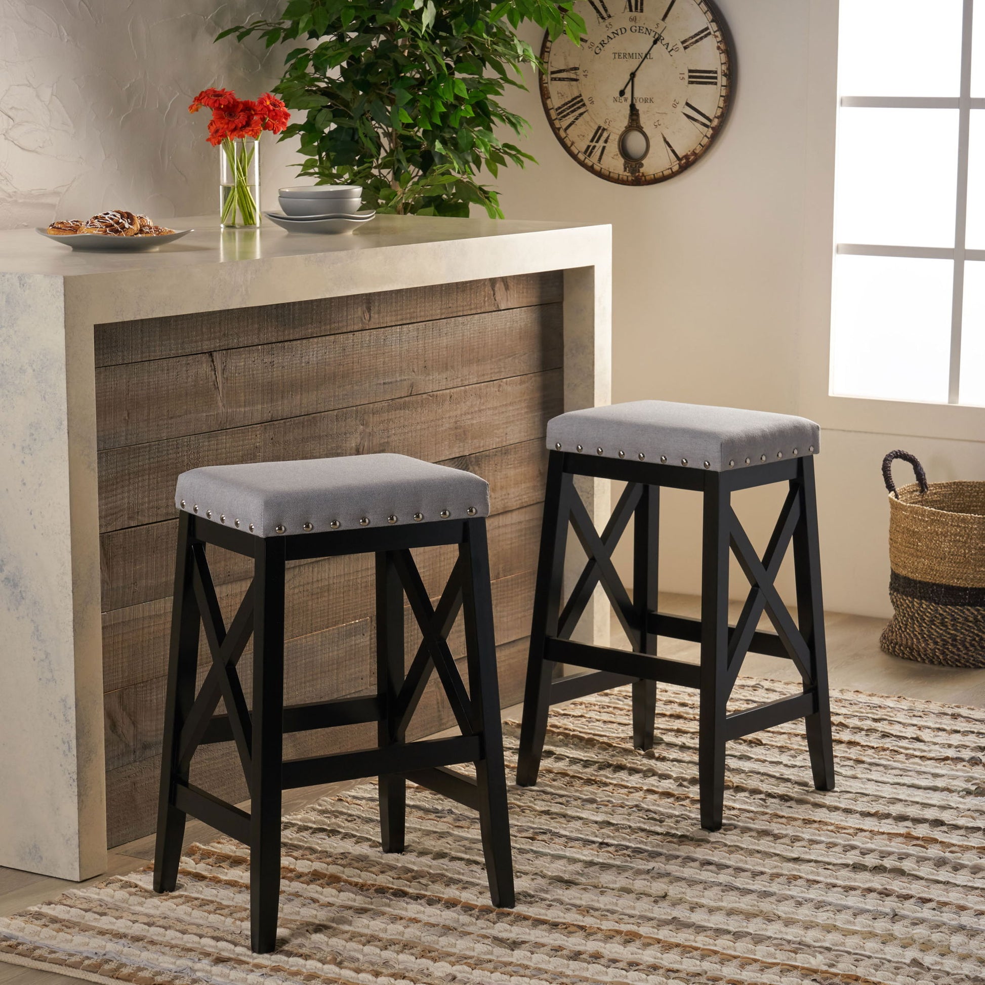 Greely Saddle Barstool Set With Fabric Upholstery - Light Gray Noble House