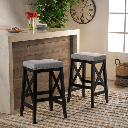 Greely Saddle Barstool Set With Fabric Upholstery - Light Gray Noble House