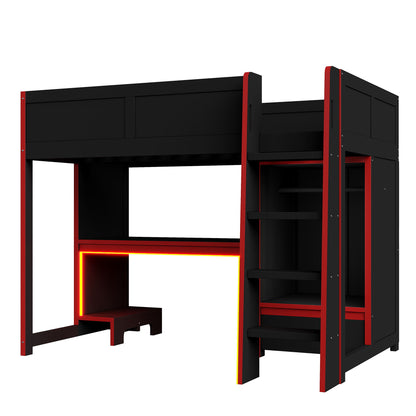 Gaming Loft Bed With Built In Desk, Wardrobe, LED Lighting And Drawer Hearth and Haven
