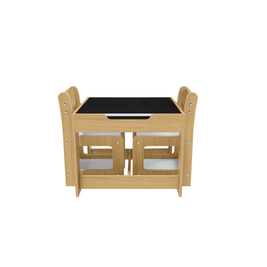3 In 1 Kids Study Table & Chairs Set Multi Functional Activity Table With Detachable Blackboard Top - Natural Wood Home Essentials